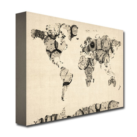 Trademark Fine Art Michael Tompsett 'Old Clocks World Map' Canvas Art, 14x19 MT0025-C1419GG